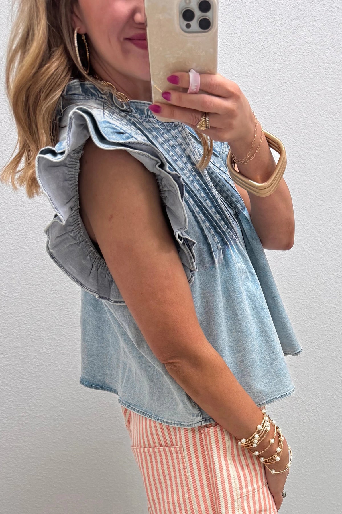 RUFFLE PLEATED DETAIL VINTAGE WASHED DENIM TOP