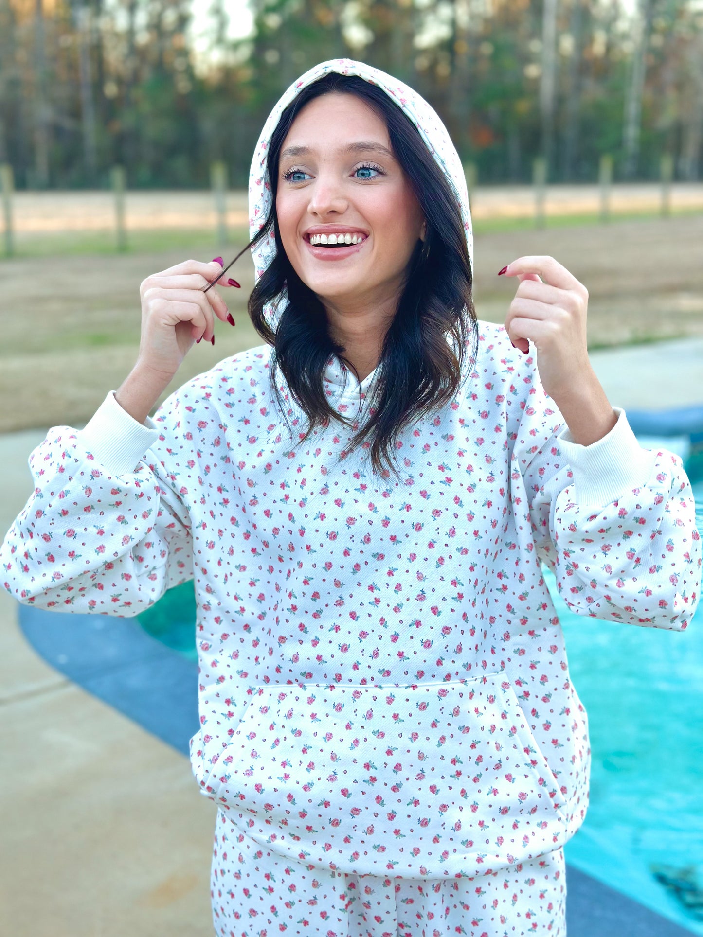 PINK FLORAL KANGAROO POCKET HOODIE SET