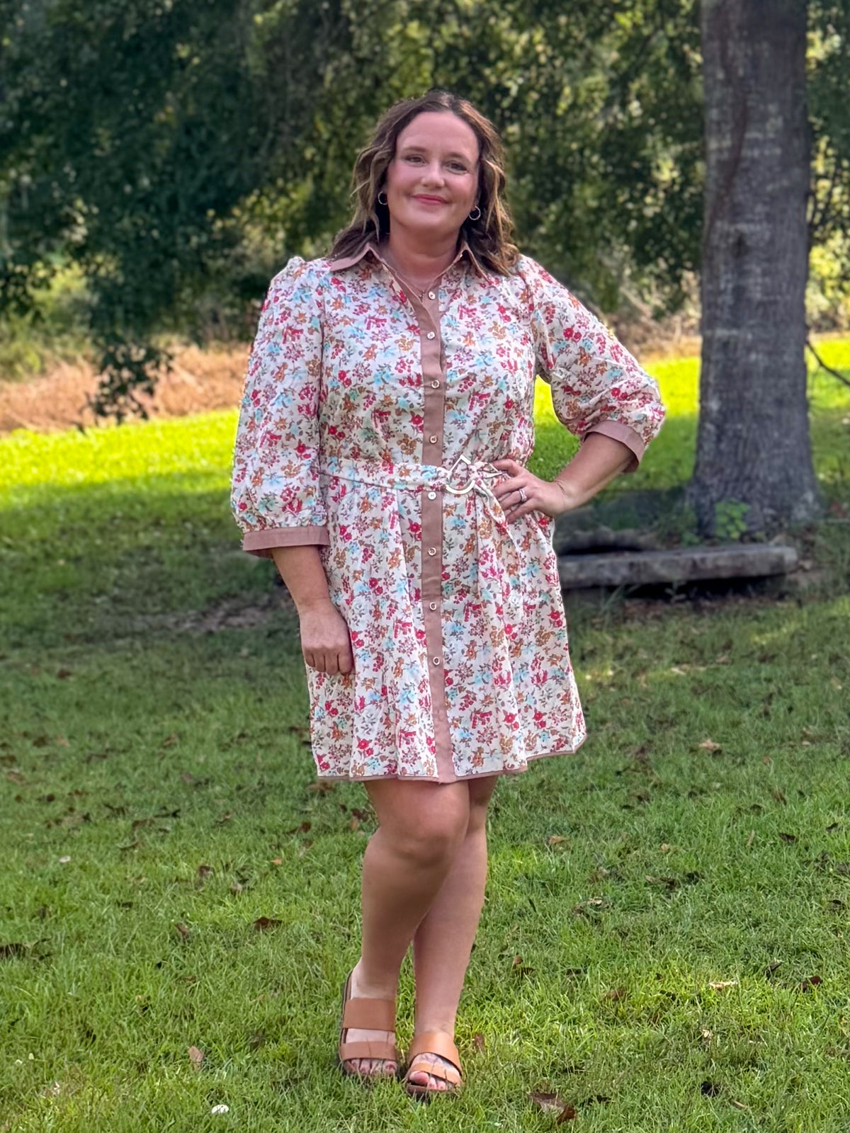 FLORAL PRINT 3/4 SLEEVE BELTED DRESS