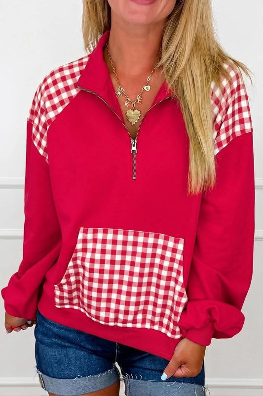 RED PATCHWORK PLAID QUARTER ZIP PULLOVER