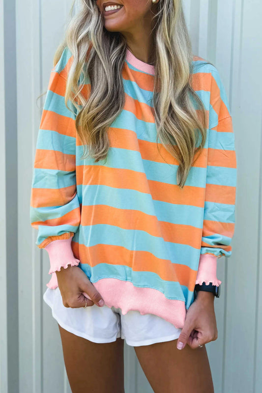 ORANGE STRIPE COLOR BLOCK LONG SLEEVE TOP