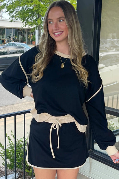 BLACK COLOR CONTRAST SKORT SET