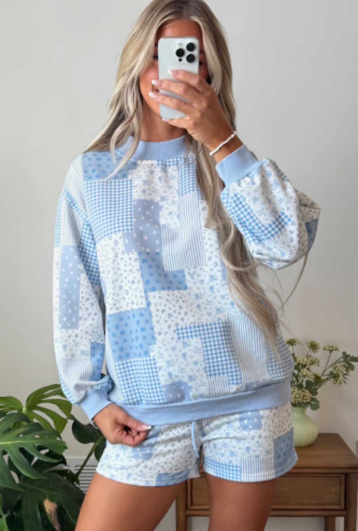 SKY BLUE PATCHWORK 2PC SHORT SET