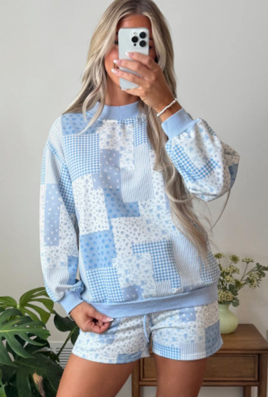 SKY BLUE PATCHWORK 2PC SHORT SET