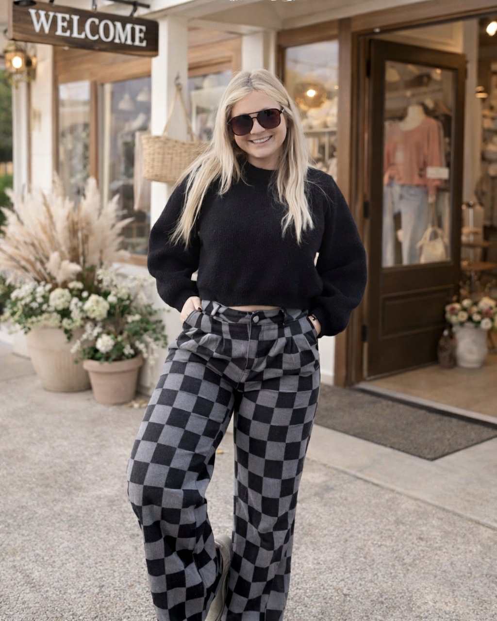 BLACK/GRAY CHECKERED DENIM WIDE LEG JEANS