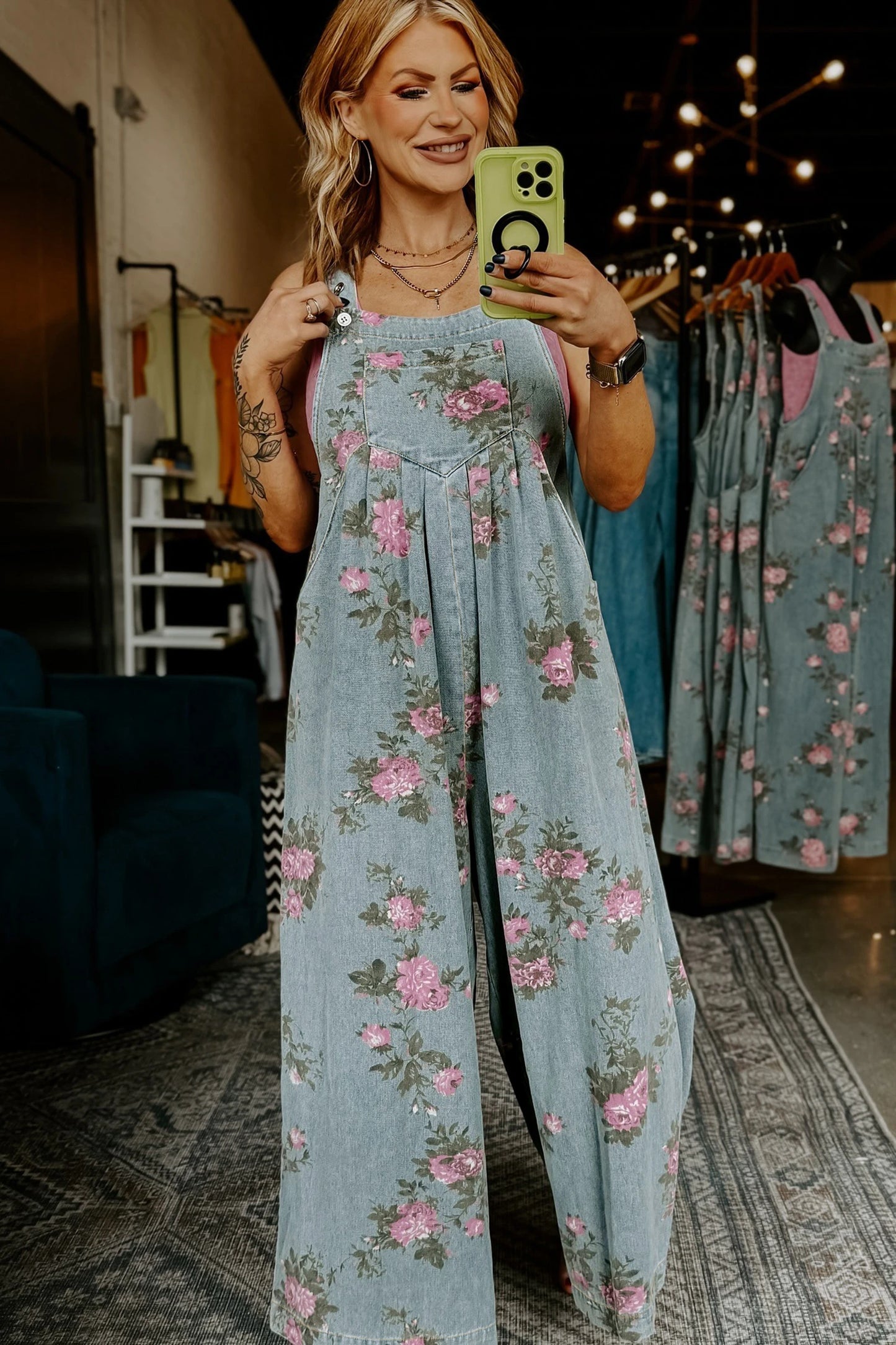 BEAU BLUE FLORAL PRINT PLEATED WIDE LEG DENIM OVERALLS