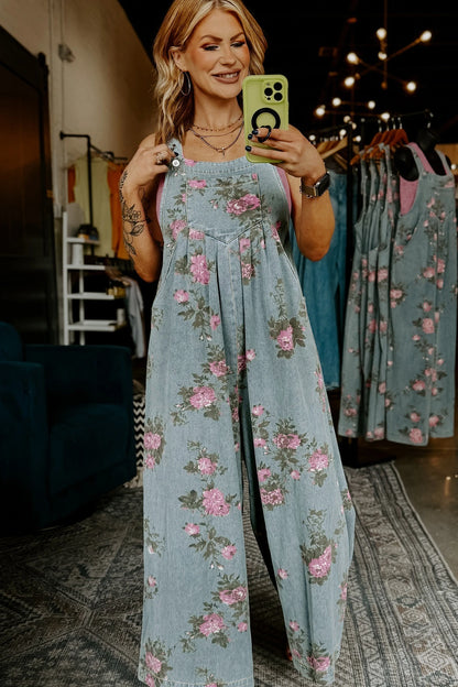 BEAU BLUE FLORAL PRINT PLEATED WIDE LEG DENIM OVERALLS