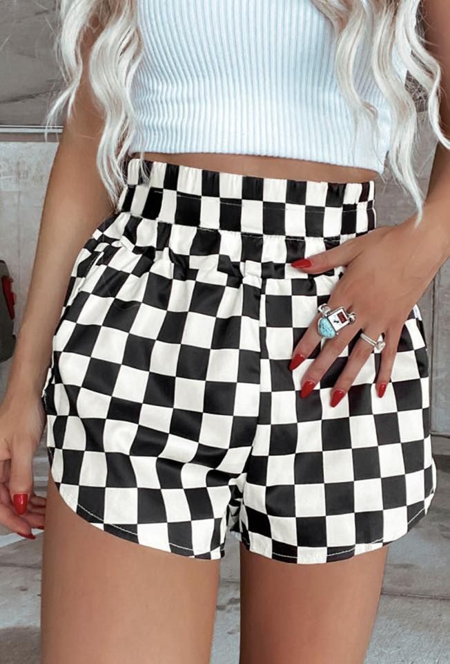 BLACK CHECKERED HIGH WAIST SHORTS