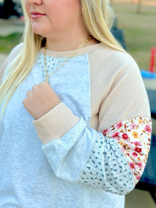 MIXED PRINT RAGLAN SLEEVE PATCHWORK TOP