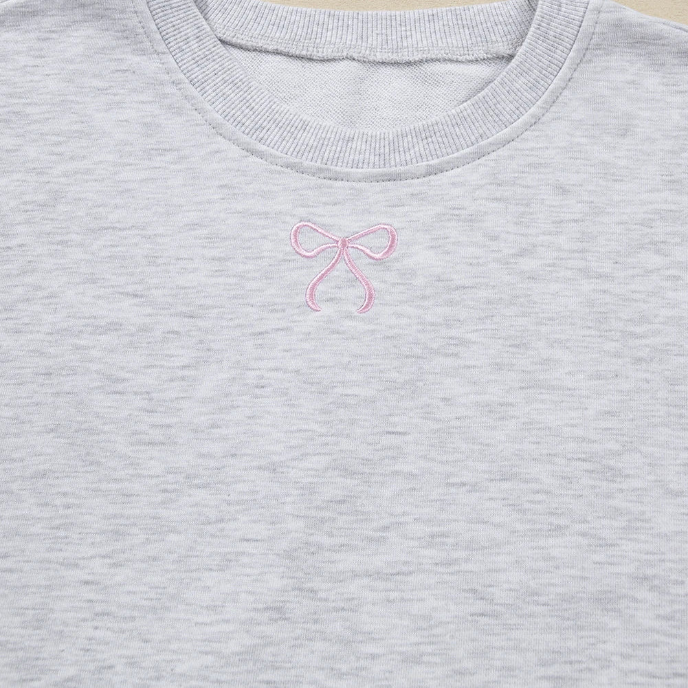 PLUS SIZE LIGHT GRAY EMBROIDERED BOW LOUNGE SET