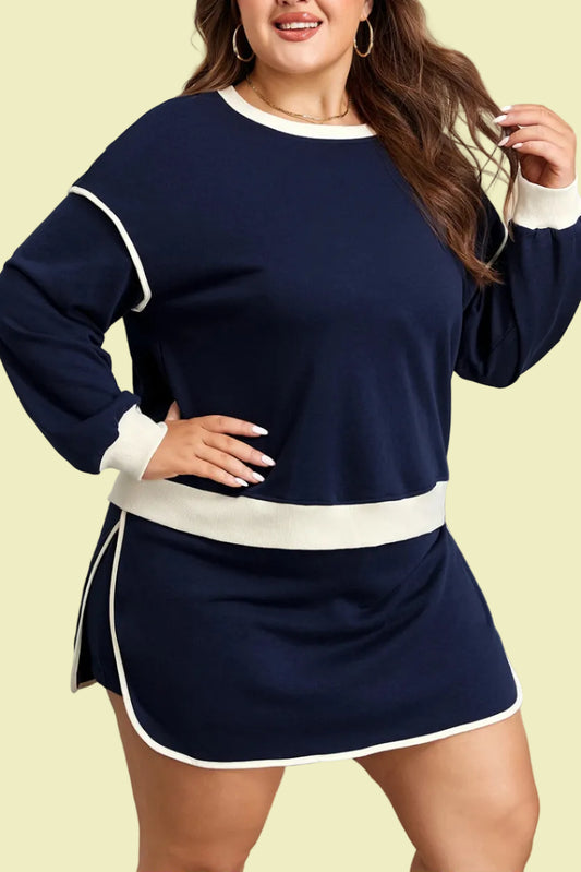 PLUS SIZE NAVY BLUE COLOR CONTRAST SKORT SET