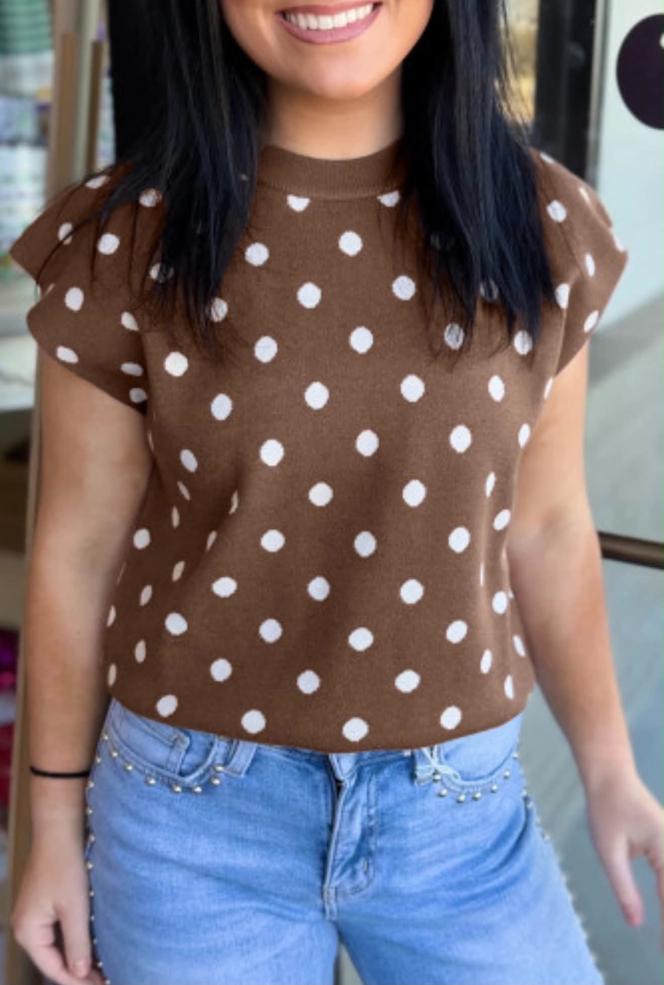 BROWN DOLMAN SLEEVE POLKA DOT SWEATER
