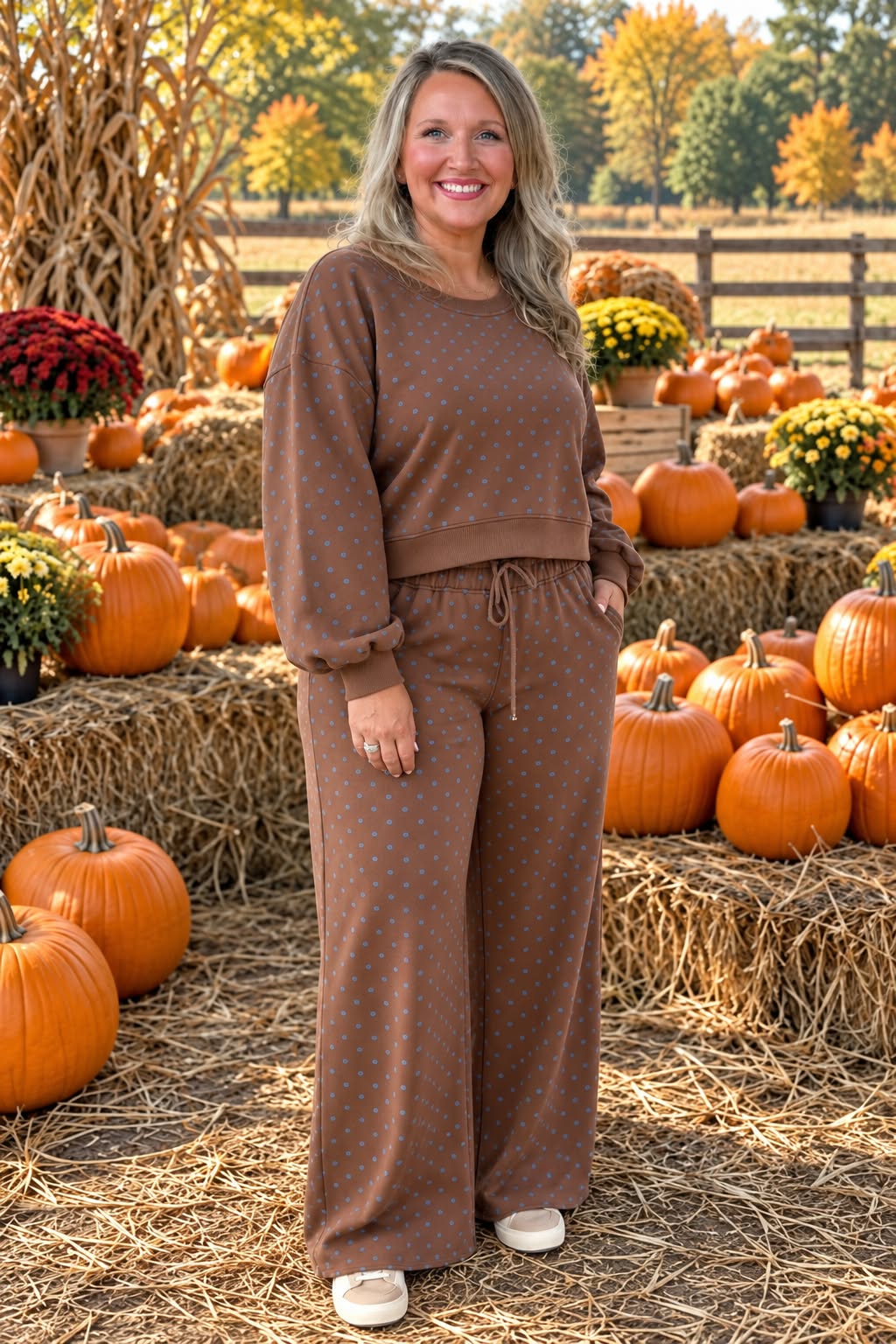 PLUS BROWN POLKA DOT LONG SLEEVE PANT SET