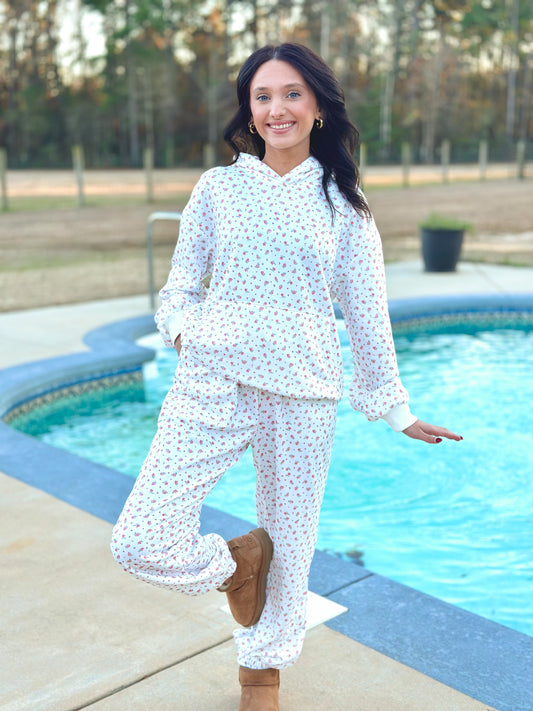 PINK FLORAL KANGAROO POCKET HOODIE SET