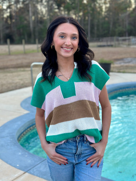 MULTI COLOR BLOCK NOTCH V NECK SWEATER