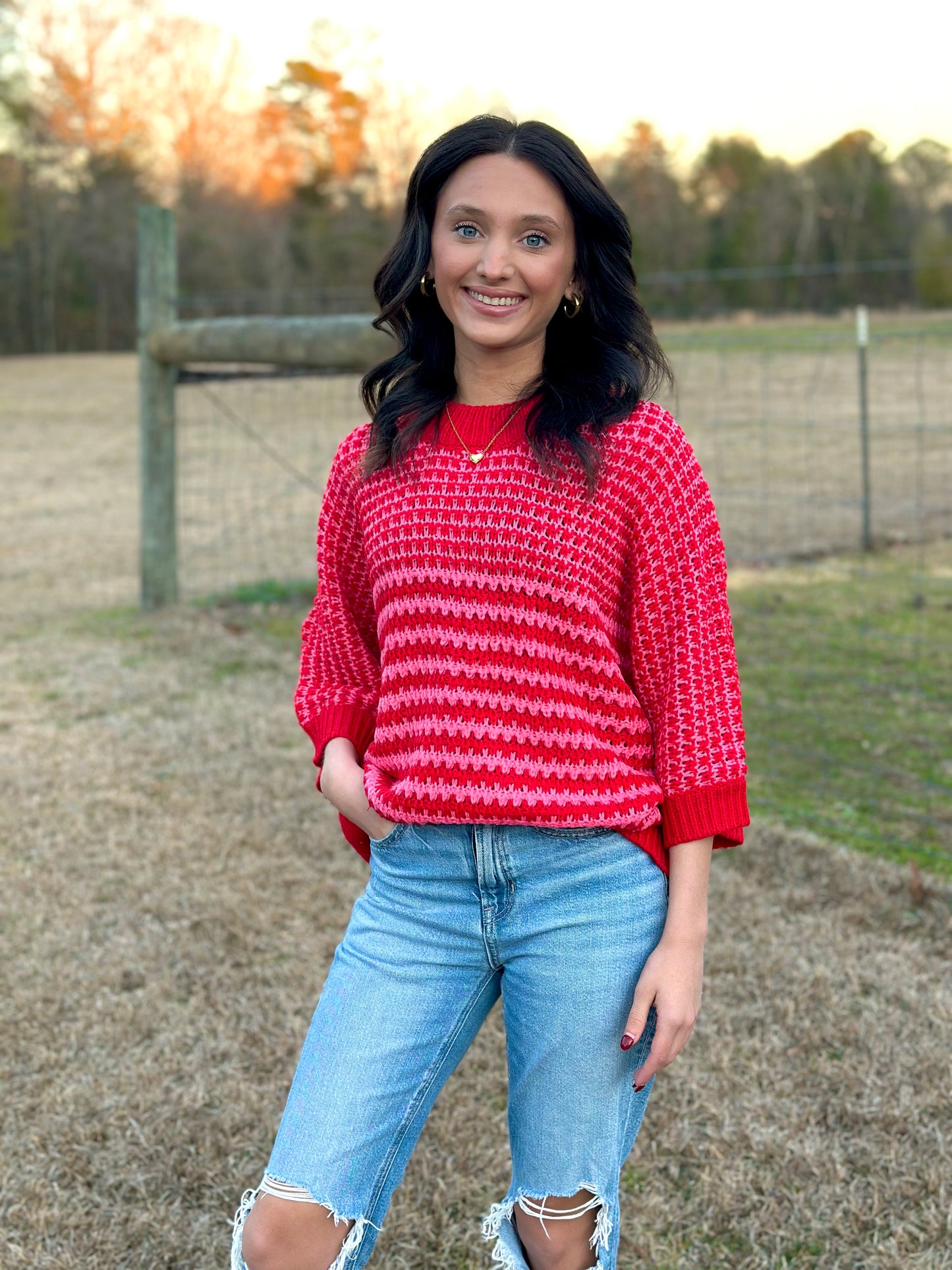 RED STRIPE 3/4 DRAPED SLEEVE SLOUCHY SWEATER