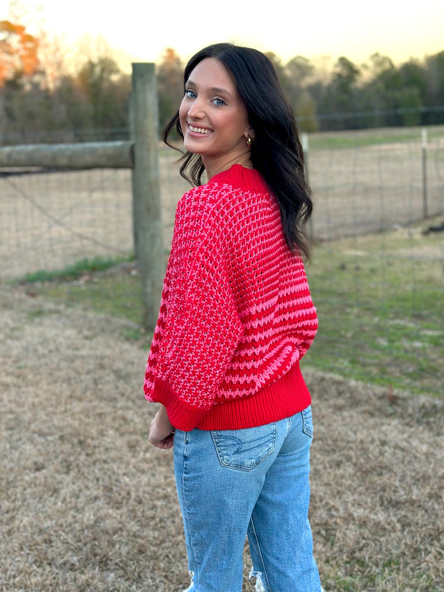 RED STRIPE 3/4 DRAPED SLEEVE SLOUCHY SWEATER