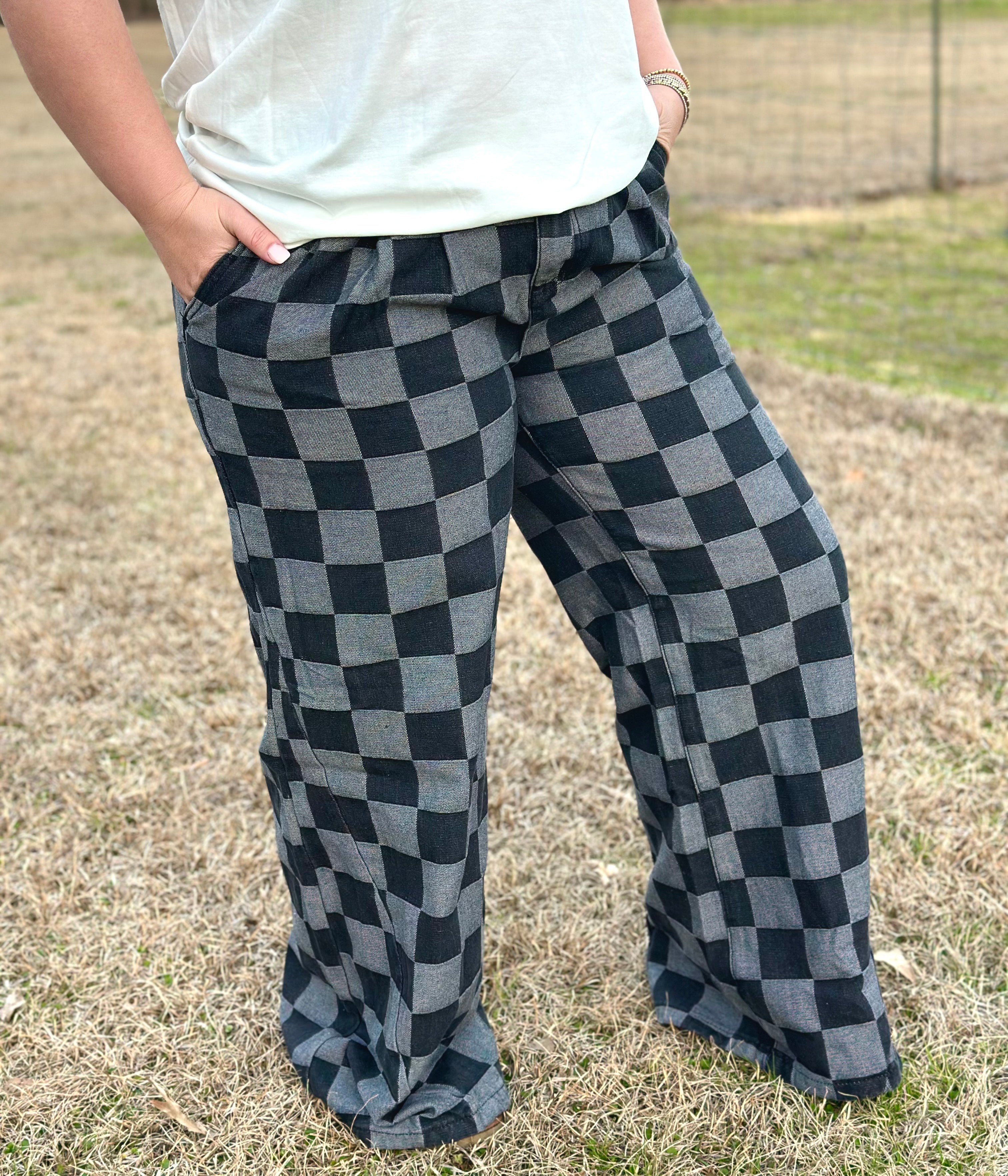 BLACK/GRAY CHECKERED DENIM WIDE LEG JEANS