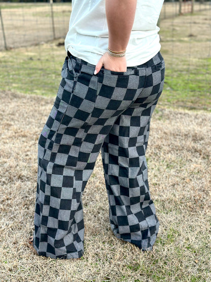 BLACK/GRAY CHECKERED DENIM WIDE LEG JEANS