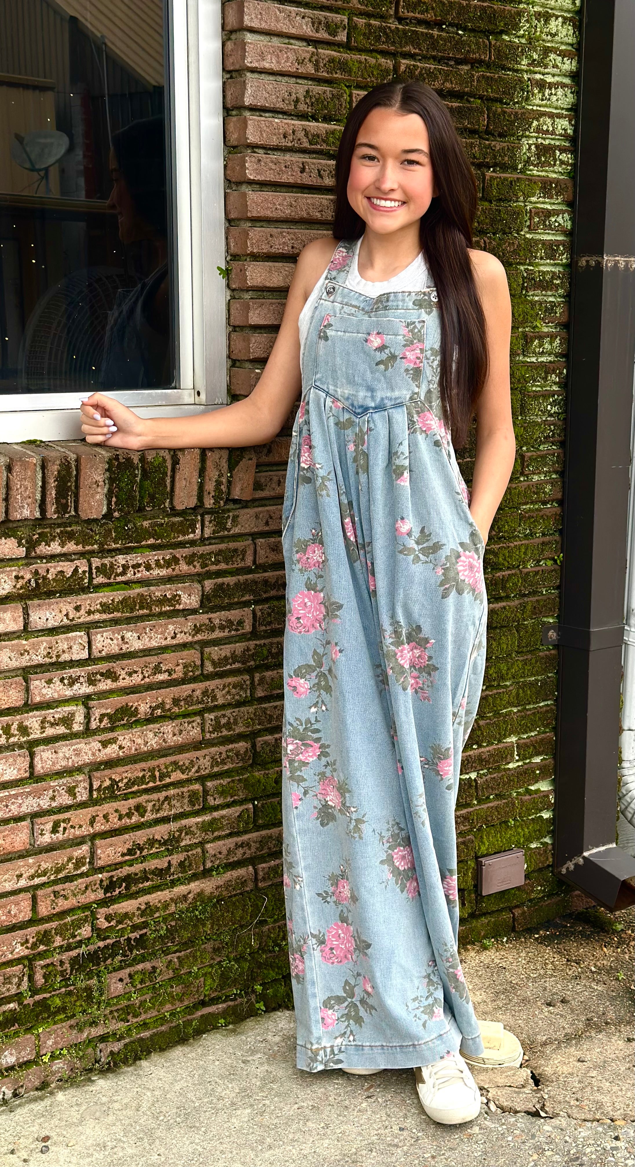 BEAU BLUE FLORAL PRINT PLEATED WIDE LEG DENIM OVERALLS