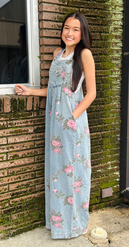 BEAU BLUE FLORAL PRINT PLEATED WIDE LEG DENIM OVERALLS
