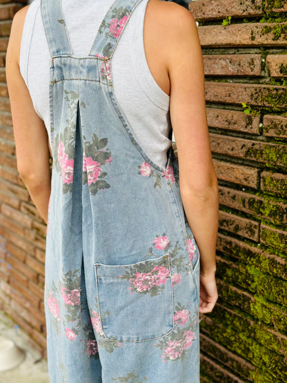 BEAU BLUE FLORAL PRINT PLEATED WIDE LEG DENIM OVERALLS