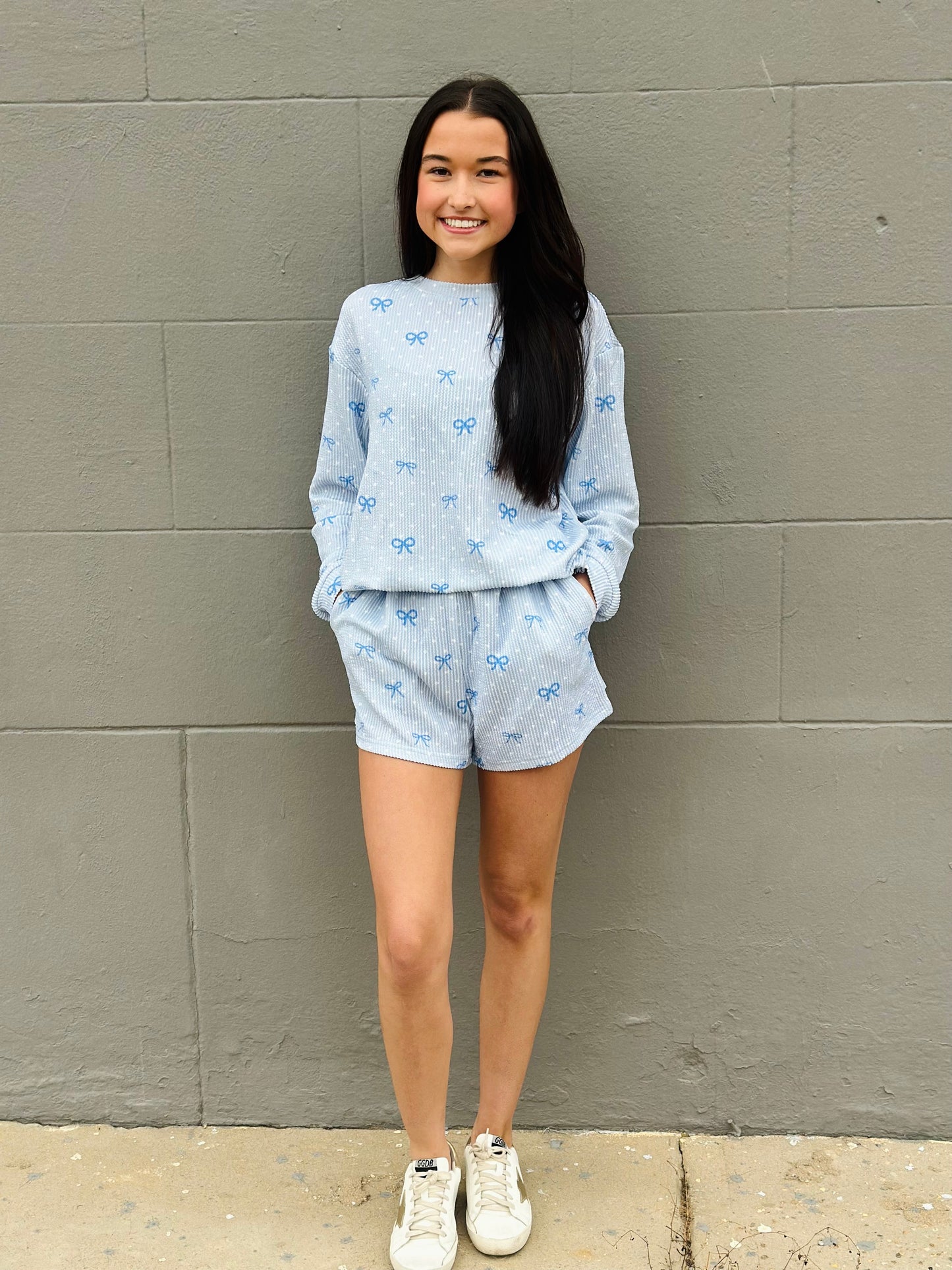 SKY BLUE BOW PRINT LOOSE FIT LONG SLEEVE SHORT SET