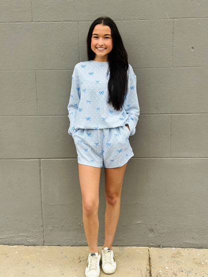 SKY BLUE BOW PRINT LOOSE FIT LONG SLEEVE SHORT SET