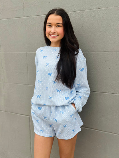 SKY BLUE BOW PRINT LOOSE FIT LONG SLEEVE SHORT SET