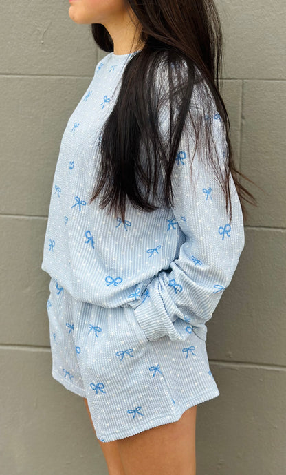 SKY BLUE BOW PRINT LOOSE FIT LONG SLEEVE SHORT SET