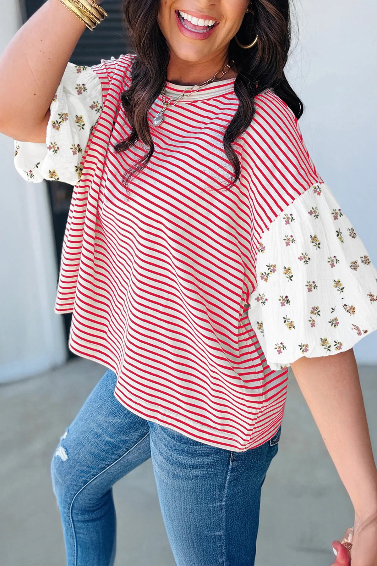 RED STRIPE FLORAL PUFF SLEEVE LOOSE TOP