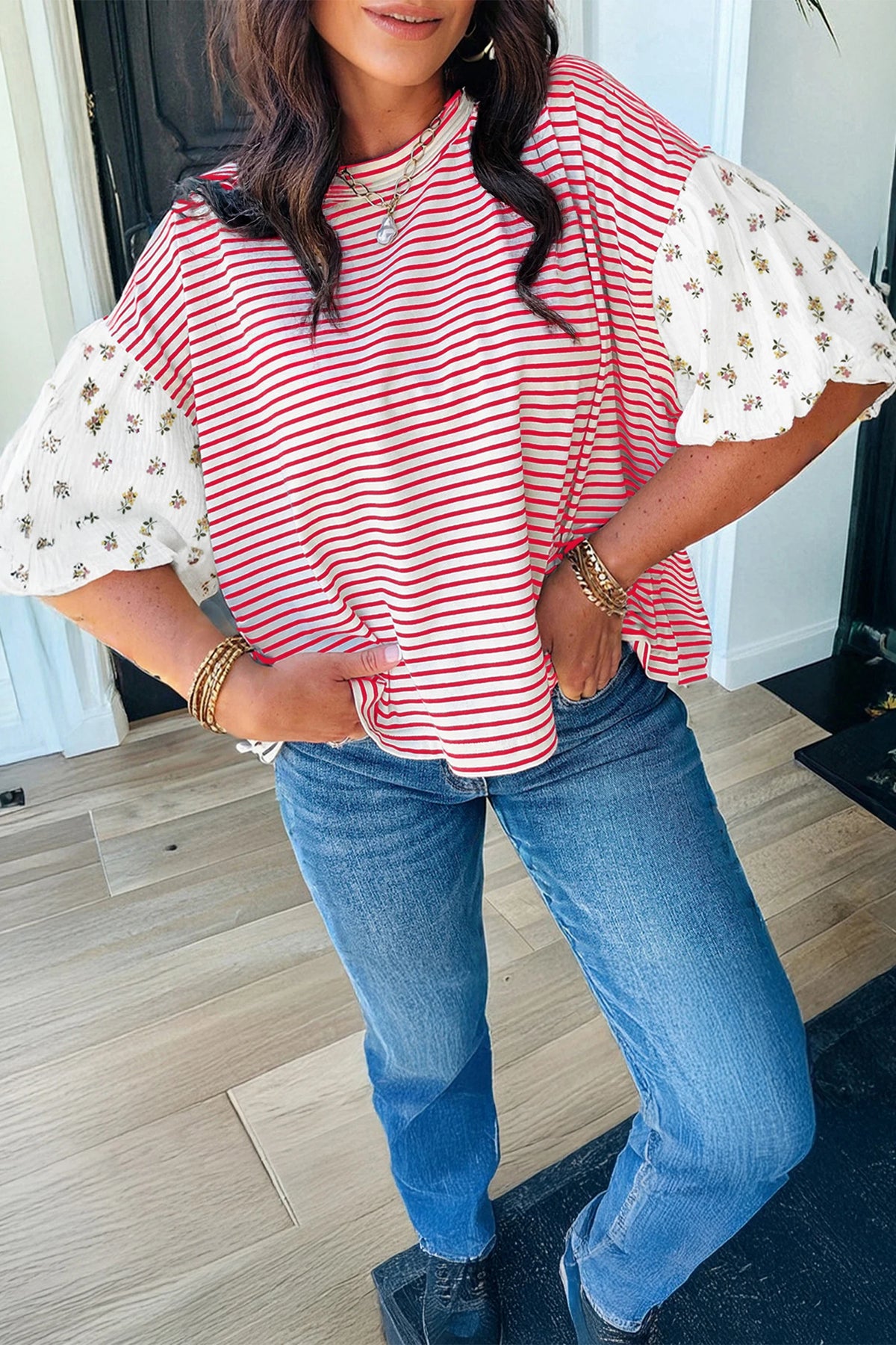 RED STRIPE FLORAL PUFF SLEEVE LOOSE TOP