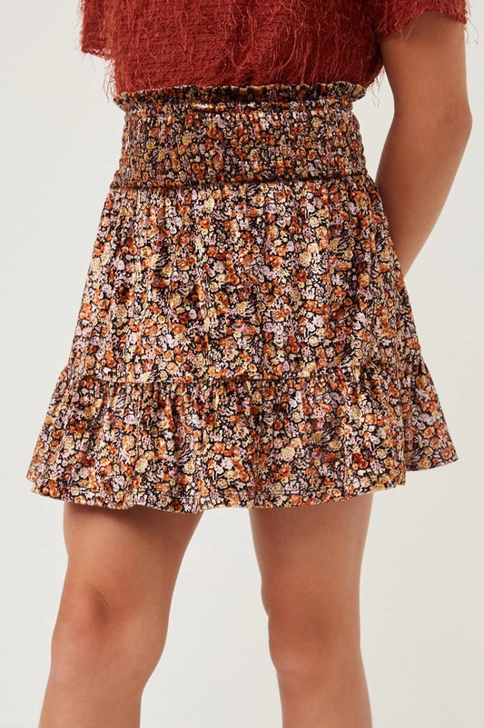 GIRLS FLORAL VELVET SMOCKED SKIRT