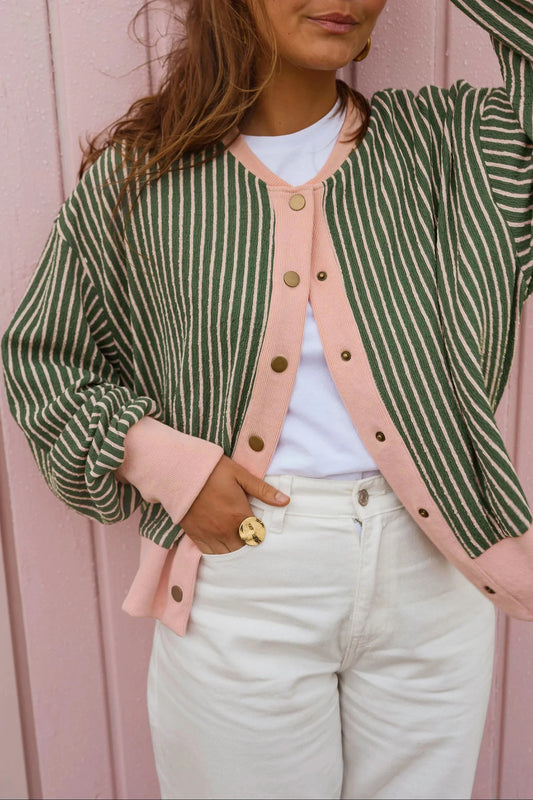 GREEN STRIPE LONG SLEEVE CARDIGAN