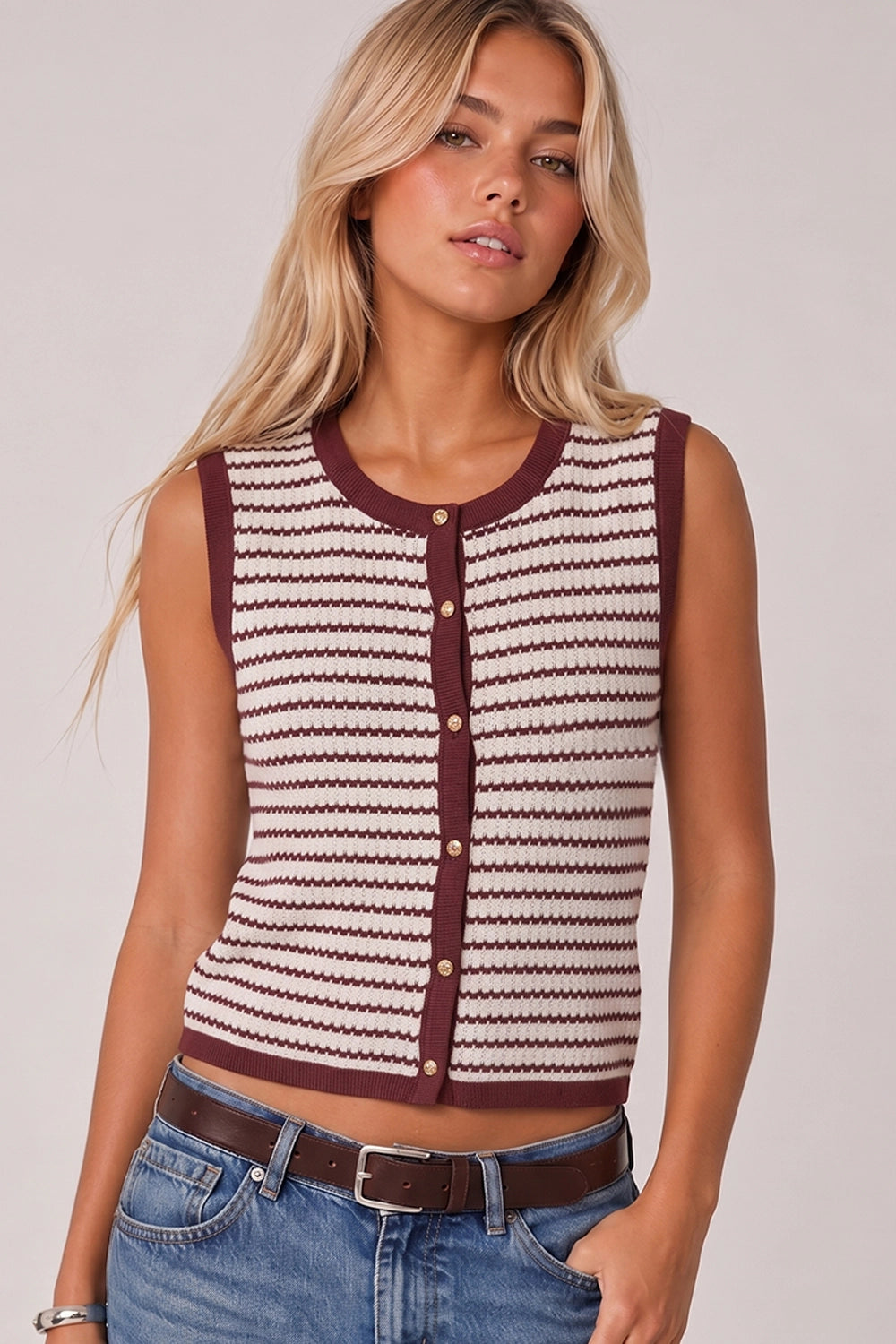 STRIPE KNIT BUTTON DOWN SWEATER
