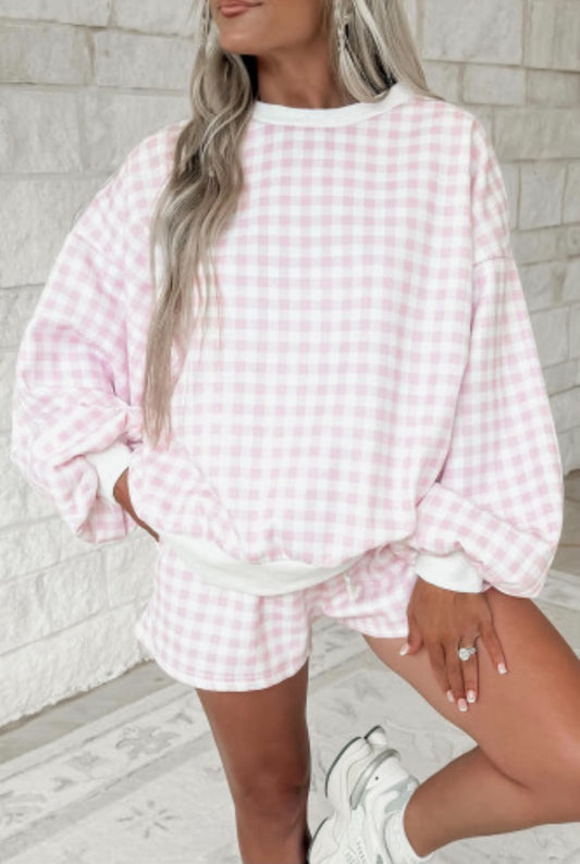 PINK PLAID CASUAL SHORT 2PC OUTFIT