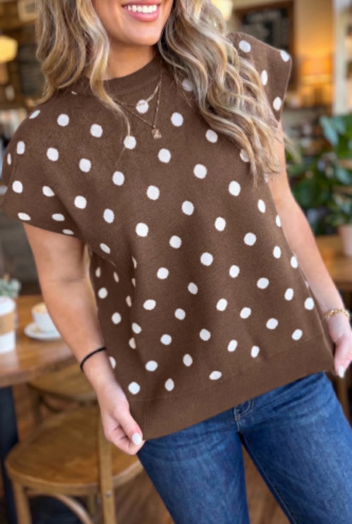 BROWN DOLMAN SLEEVE POLKA DOT SWEATER