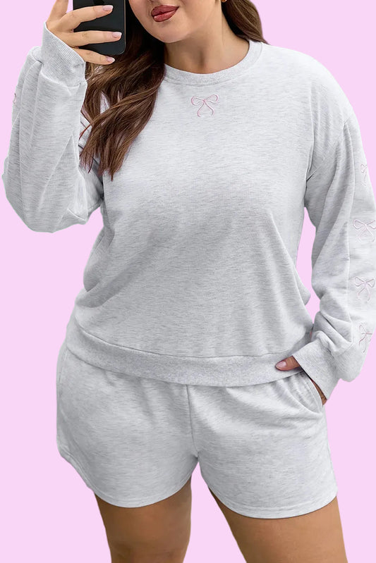 PLUS SIZE LIGHT GRAY EMBROIDERED BOW LOUNGE SET